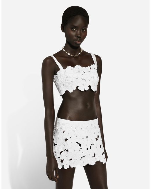 Dolce & Gabbana White Cotton Bralette Top With Cut-Out Embroidery And Rhinestone Embellishment