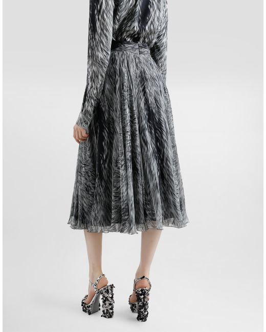 Dolce & Gabbana Gray Chiffon Calf-Length Circle Skirt With Fur Print