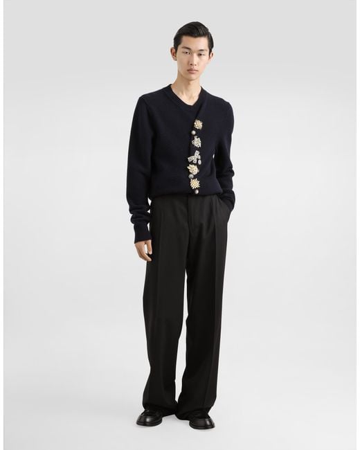 Dolce & Gabbana Blue Wool Round-Neck Sweater With Bejeweled Buttons for men
