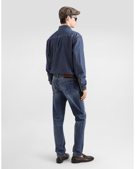 Vaqueros Corte Regular De Algodón Con Placa Dolce & Gabbana de hombre de color Blue