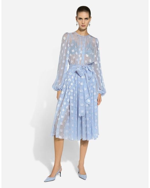 Dolce & Gabbana Blue Longuette-Kleid Aus Ausbrenner-Seidenjacquard Dg-Logo