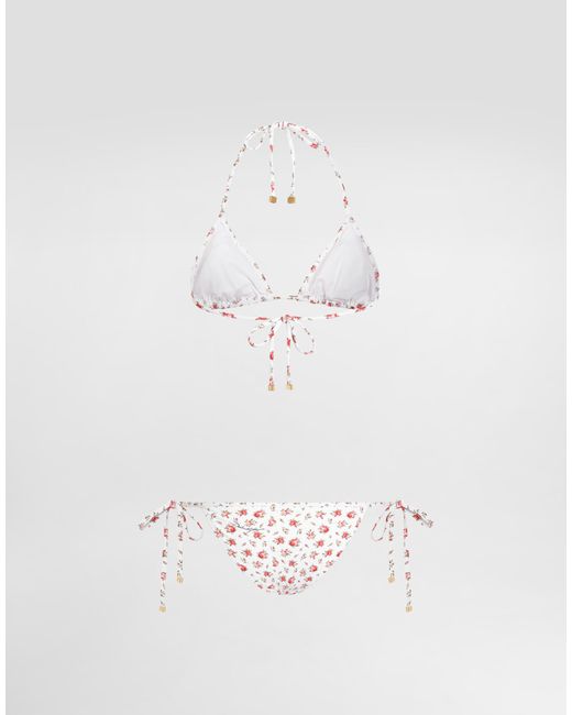 Dolce & Gabbana White Small Rose-Print Triangle Bikini