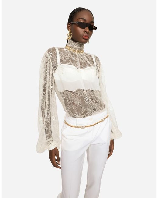 Dolce & Gabbana White Floral Lace Turtle-Neck Blouse