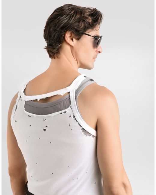 Dolce & Gabbana White Distressed Jersey Tank Top for men