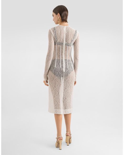 Dolce & Gabbana Natural Lace Calf-Length Dress With Corset Detailing