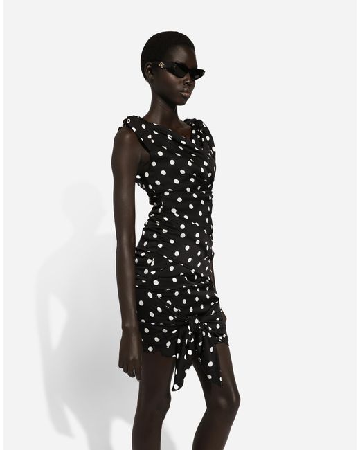 Dolce & Gabbana ドレープ&ドットプリント シャルムーズ ミディドレス Black