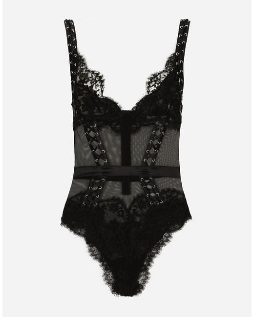 Dolce & Gabbana Black Lace And Tulle Bodysuit With Lacing And Eyelets