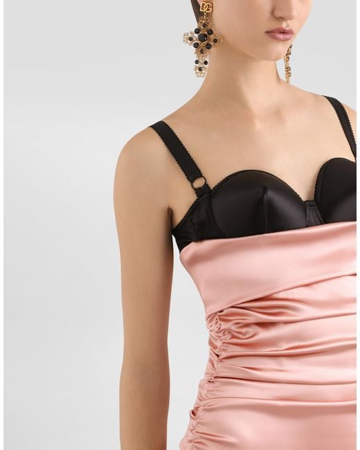 Dolce & Gabbana White Draped Satin Calf-Length Dress With Bra-Style Cups