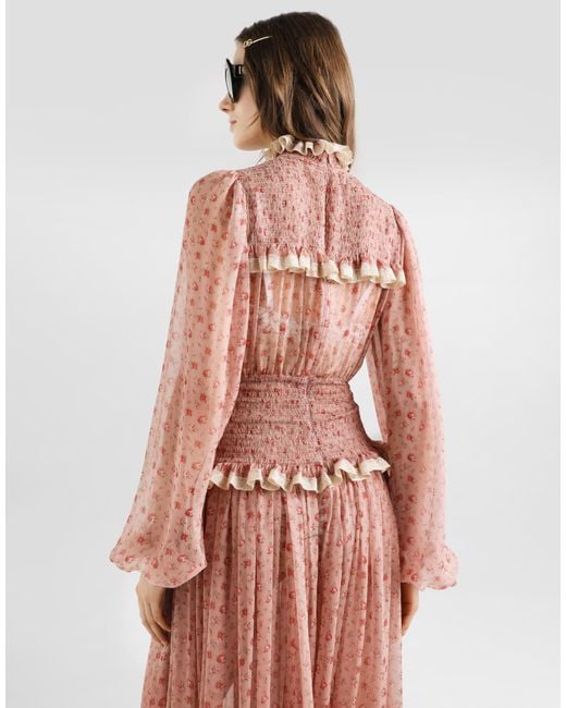 Dolce & Gabbana Pink Small Rose-Print Long Chiffon Dress