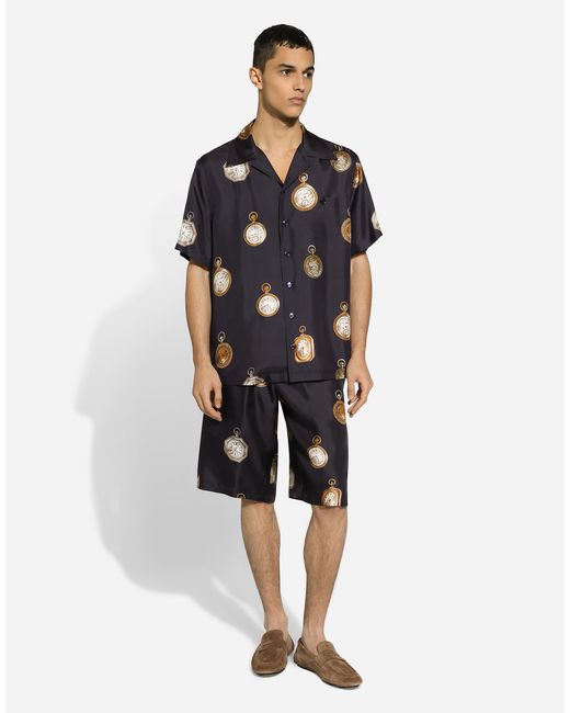 Camisa Hawaii En Sarga De Seda Con Estampado De Relojes Dolce & Gabbana de hombre de color Blue