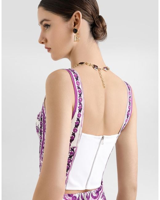 Dolce & Gabbana Purple Majolica-Print Charmeuse Bustier Top