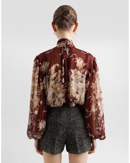 Dolce & Gabbana Brown Bluse Aus Chiffon Mit Rosenprint