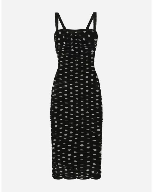 Dolce & Gabbana Black Tulle Calf-Length Sheath Dress With Draping And Polka-Dot