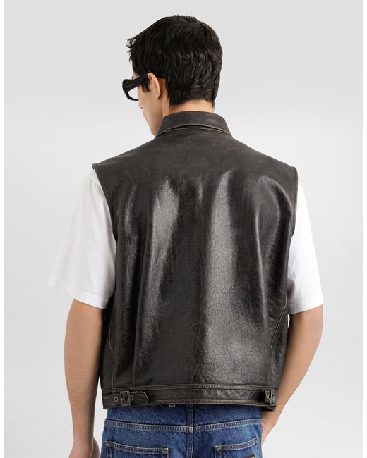 Dolce & Gabbana Black Zip-Fastening Leather Waistcoat for men