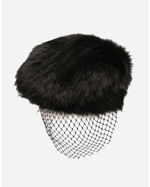 Dolce & Gabbana Black Shearling Flat Cap With Veil