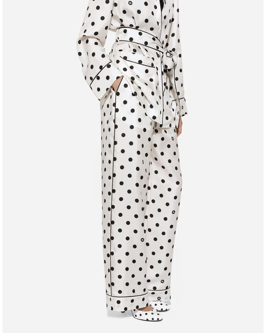 Dolce & Gabbana White Silk Pajama Pants With Polka-Dot