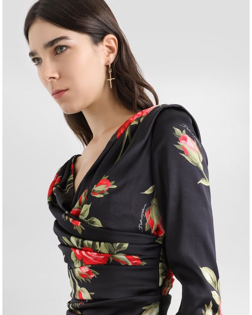 Dolce & Gabbana White Drapiertes Kleid Aus Satin Mit Blumenbouquet-Print