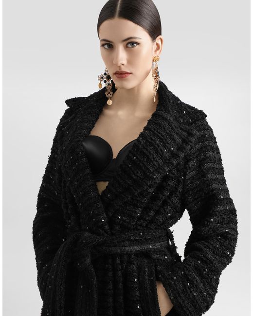Dolce & Gabbana Black Tweed Coat With Micro-Sequin Embellishment