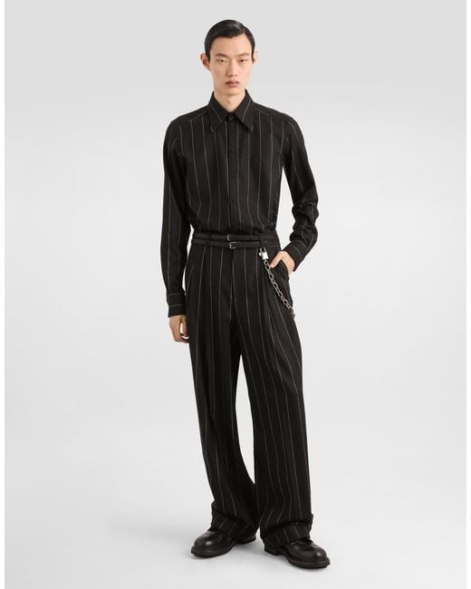Dolce & Gabbana Black Pinstriped Flannel Trousers for men