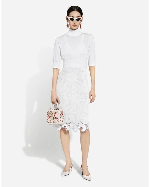 Dolce & Gabbana White Cotton Midi Skirt With Floral Openwork Detailing