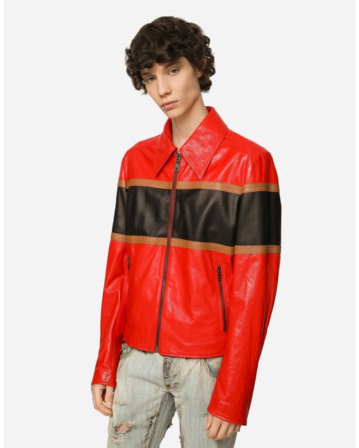 メンズ Dolce & Gabbana レザージャケット コントラストインサート Red