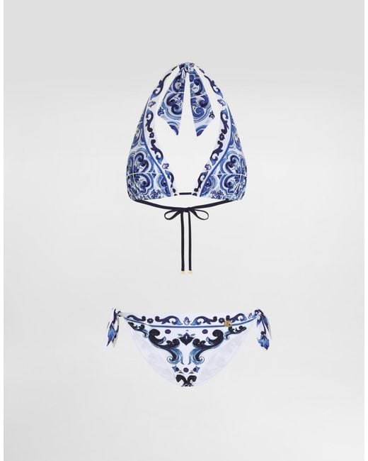 Dg Exclusive Bikini A Triangolo Stampa Maiolica di Dolce & Gabbana in White