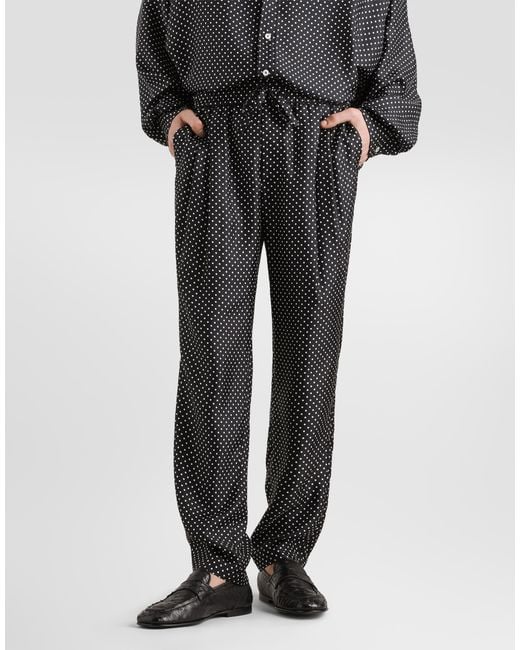 Dolce & Gabbana Gray Polka Dot-Print Silk Twill Trousers for men