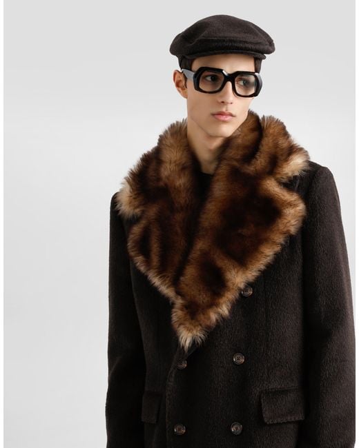 Dolce & Gabbana Black Double-Breasted Coat With Fur Collar for men