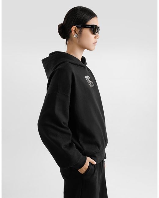 Dolce & Gabbana Black Jersey Hoodie With Rhinestone-Detailed Dg Embellishment