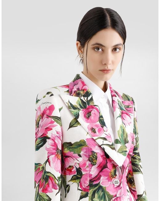 Dolce & Gabbana Pink Jacke Turlington Aus Baumwolljacquard Pfingstrosen-Print