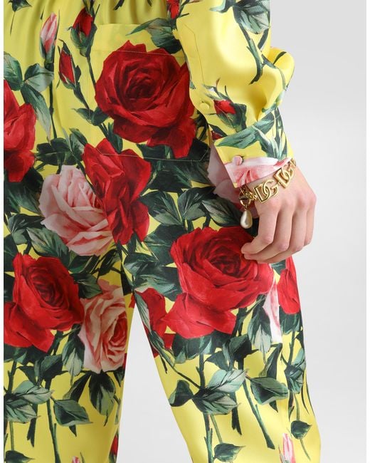 Dolce & Gabbana White Silk Twill Pants With Bouquet