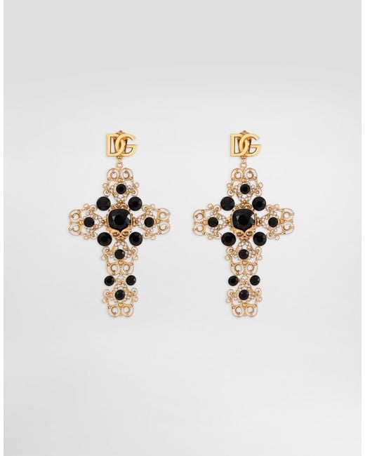 Dolce & Gabbana White Drop Earrings With Filigree Cross And Dg Logo