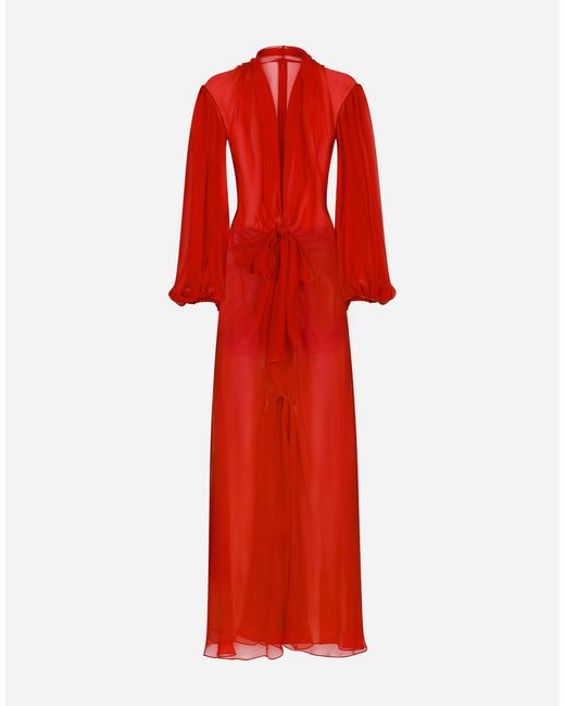 Dolce & Gabbana Red Langes Kleid Aus Seidenchiffon Mit Schleife