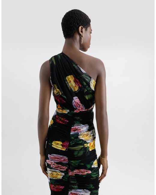 Dolce & Gabbana White Longuette-Kleid Im One-Shoulder-Stil Aus Tüll Pfingstrosen- Und Rosenprint