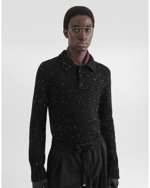 Dolce & Gabbana Black Knit Polo Shirt With Sequins for men