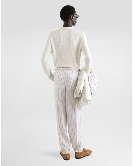 Dolce & Gabbana White Pinstripe Linen-Blend Pants With Double Darts for men