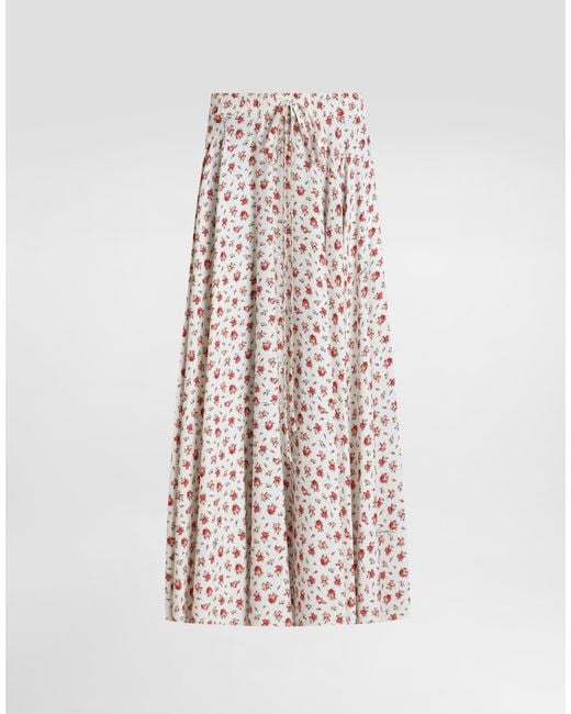 Dolce & Gabbana White Small Rose-Print Charmeuse Circle Skirt