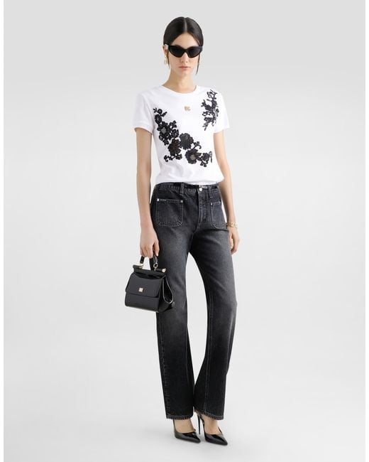 Dolce & Gabbana White Jersey T-Shirt With Dg Logo Pin And Lace Details
