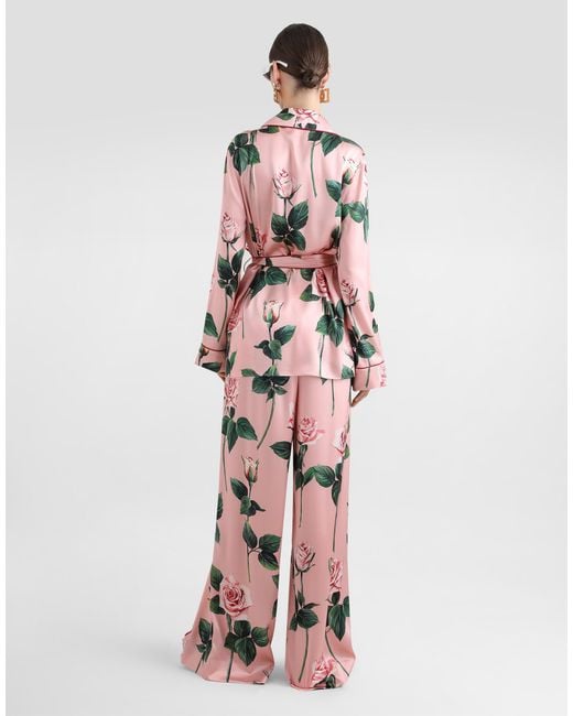 Pantalones Estilo Pijama De Seda Con Estampado De Rosas Dolce & Gabbana de color Pink