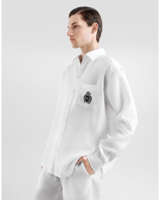 Dolce & Gabbana White Linen Shirt With Heraldic Patch for men