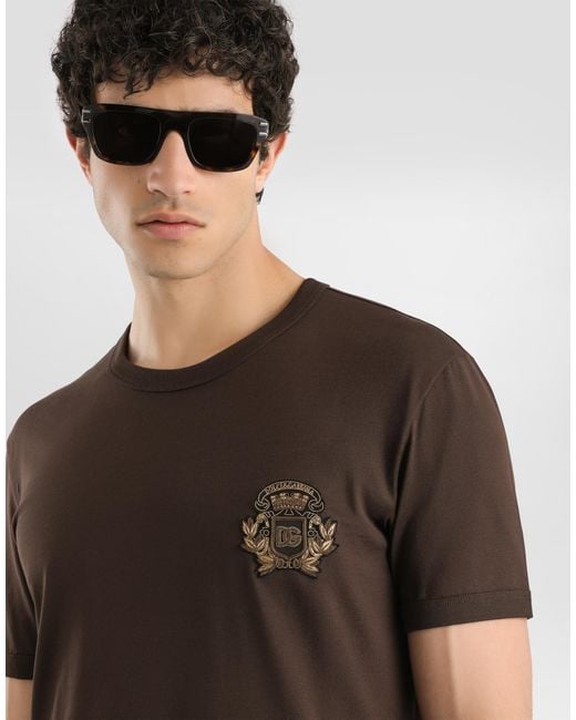 Dolce & Gabbana Brown Cotton T-Shirt With Heraldic Patch for men