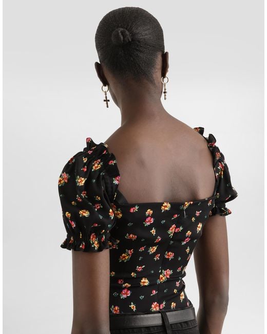 Dolce & Gabbana Black Small Floral-Print Charmeuse Top