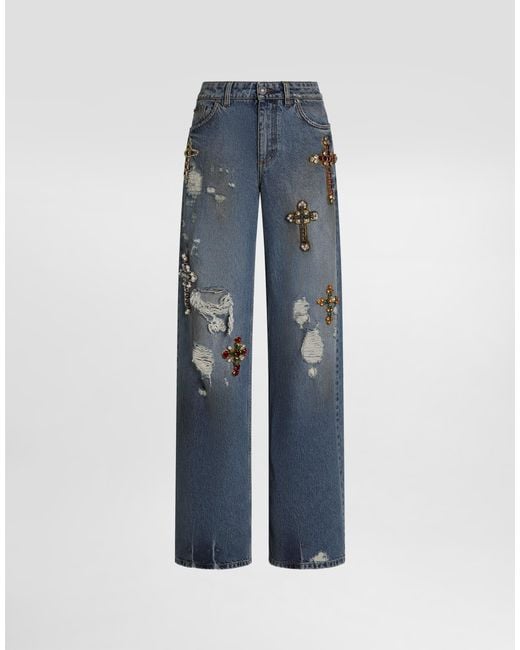 Dolce & Gabbana Blue 5-Pocket Denim Trousers With Emrboidery
