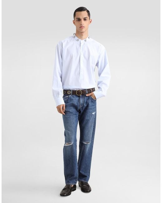 Dolce & Gabbana White Cotton Shirt With Bejeweled Detailing for men