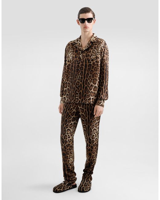 Dolce & Gabbana Brown Silk Vanity Shirt With Leopard for men