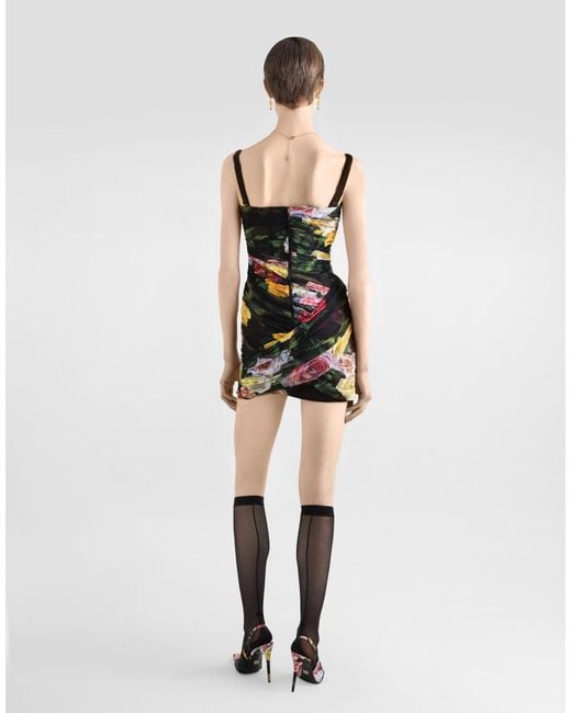 Robe Courte En Tulle Drapé À Pivoines Et Roses Dolce & Gabbana en coloris Black