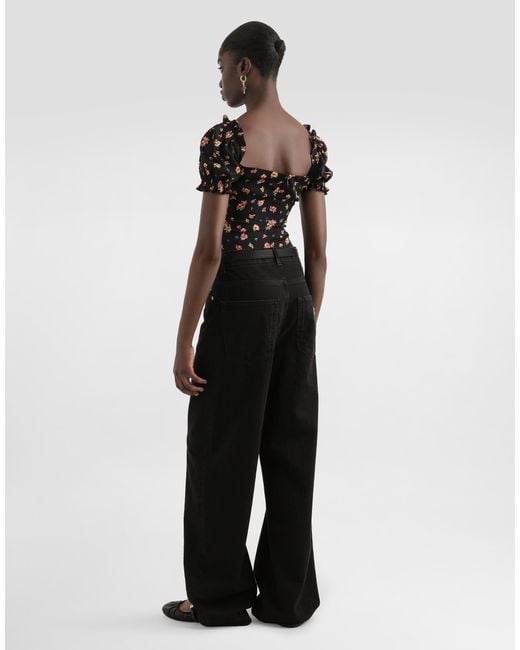 Dolce & Gabbana Black Small Floral-Print Charmeuse Top