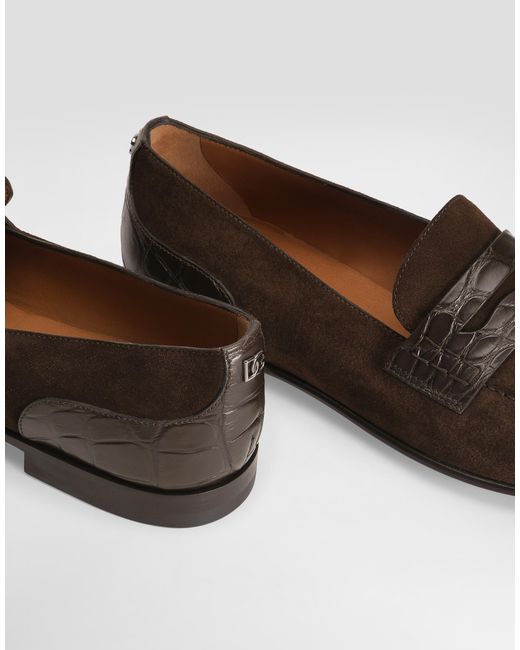 Dolce & Gabbana White Split Calfskin And Alligator Slippers for men