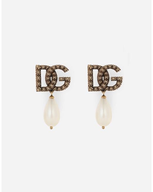 Dolce & Gabbana Metallic Pearl Teardrop Floral Logo Earrings