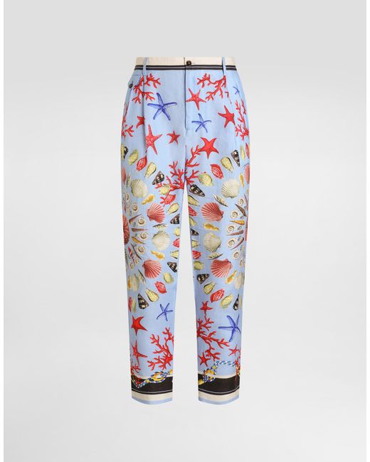 Dolce & Gabbana White Shell-Print Linen Canvas Trousers for men
